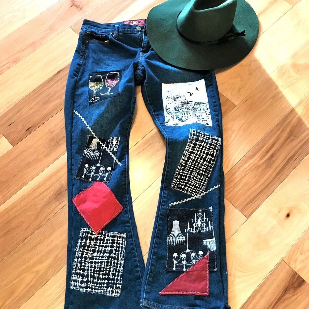 Upcycled Patchwork Jeans, Eclectic Wineglass Cityscape Design Size 6 - Picture 8 of 11